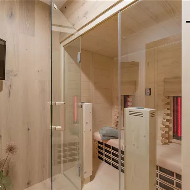 A modern wellness area with a glass shower and a wooden sauna. The walls are made of light wood, creating a cozy atmosphere.