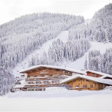 A cozy hotel in the midst of a snowy mountain landscape. The surroundings are adorned with tall, snow-covered fir trees.