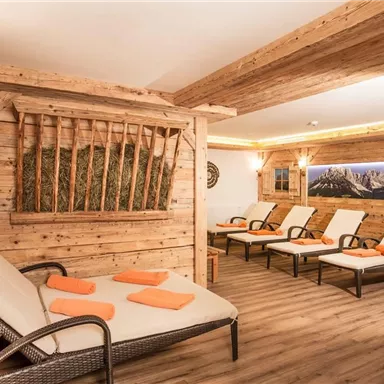 A relaxing wellness area with comfortable loungers and rustic wooden decor. The room conveys a calm atmosphere with a view of the mountains.