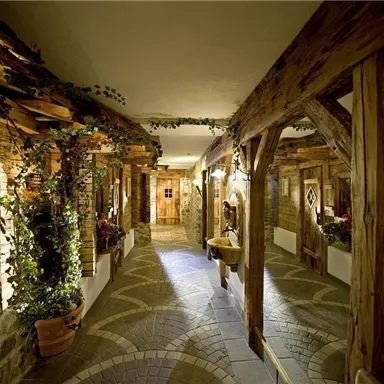 A cozy hallway with wood paneling and decorative plants. The room has a warm atmosphere and tasteful lighting.