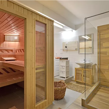 Ein modernes Badezimmer mit einer Sauna und einer Dusche. Die Sauna ist aus Holz und der Duschbereich ist elegant gestaltet.