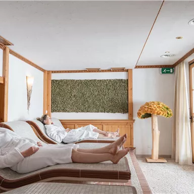 Ein entspannender Spa-Bereich mit zwei Personen in Bademänteln, die auf Liegen relaxen. Große Fenster lassen viel Tageslicht herein und schaffen eine ruhige Atmosphäre.