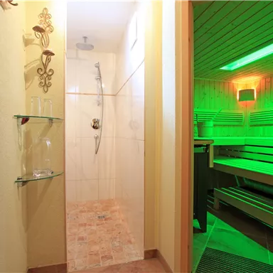 Ein modernes Badezimmer mit einer Dusche auf der linken Seite und einer Sauna rechts. Die Sauna hat eine grüne Beleuchtung und Holzregale.