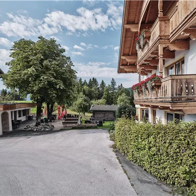 A charming building in the Alps, surrounded by trees and green meadows. The atmosphere is calm and inviting, perfect for a relaxing stay.