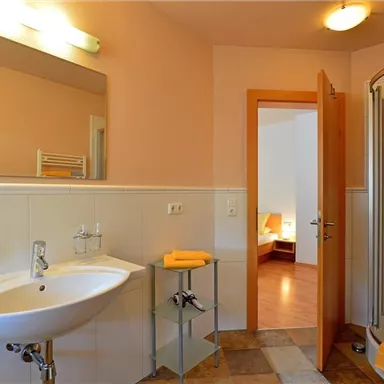 A modern bathroom with a sink, a mirror, and a shower. The walls are in a soft color tone and there is an open access to another room.