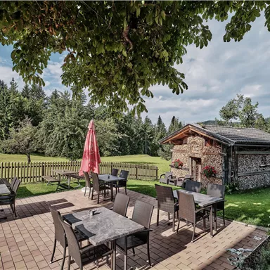 A cozy terrace with tables and chairs under a tree. In the background, meadows and forests are visible.