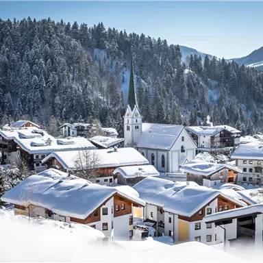 A picturesque winter landscape with snow-covered houses and a church. In the background, snow-capped mountains and forests can be seen.