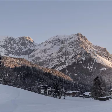Eine malerische Winterlandschaft mit schneebedeckten Bergen und einem klaren Himmel. Im Vordergrund sind schneebedeckte Wiesen und ein kleines Dorf sichtbar.
