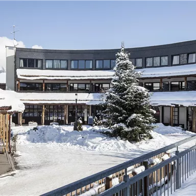 Ein ruhiger Innenhof mit schneebedeckten Gebäuden und einem großen Weihnachtsbaum. Der Himmel ist klar und die Umgebung wirkt einladend und winterlich.