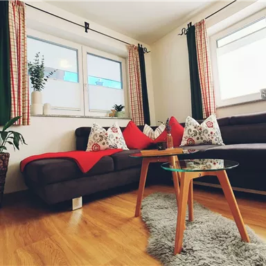 Ein gemütliches Wohnzimmer mit einem grauen Sofa und bunten Kissen. Der Raum hat Holzböden, große Fenster und eine Pflanzen dekoriert Ecke.