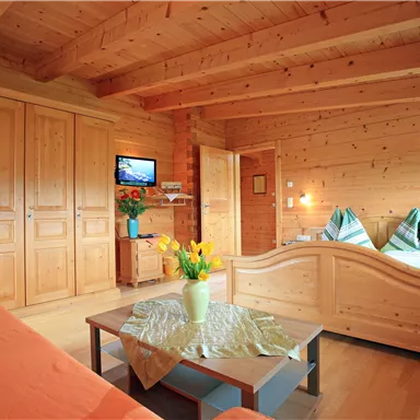 Ein gemütliches Zimmer mit Holzwänden und -möbeln. Im Raum befinden sich ein Sofa, ein Tisch und ein Fernseher sowie dekorative Pflanzen.