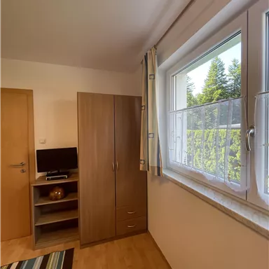 Ein einfaches Zimmer mit einem Schrank, einem kleinen TV und einem Fenster mit Blick ins Freie. Der Boden ist aus Holz und der Teppich hat gestreifte Muster.