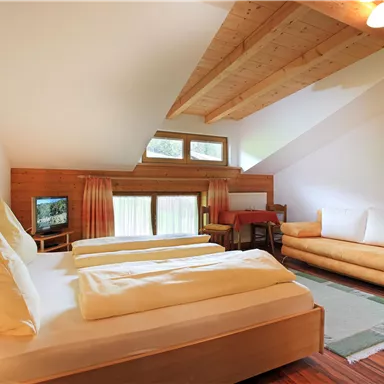 Ein gemütliches Zimmer mit zwei Betten und einem Sofa. Große Fenster sorgen für viel Tageslicht und eine warme Atmosphäre.