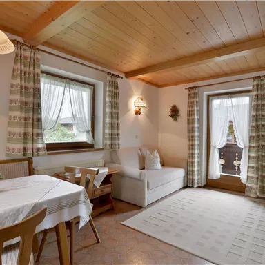 Ein gemütlicher Wohnraum mit einem Esstisch, einem Sofa und einem Fenster, das ins Freie führt. Die Holzverkleidung sorgt für eine warme Atmosphäre.