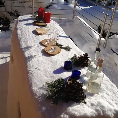 Ein liebevoll dekorierter Tisch im Schnee mit roten Kerzen und Gläsern. Tannenzweige und Tannenzapfen verleihen eine festliche Stimmung.