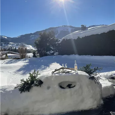 A snowy outdoor area with snow-covered hills in the background. The sun is shining brightly in the clear blue sky.