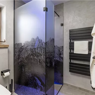 Ein modernes Badezimmer mit einer Dusche, die durch eine Glaswand mit Bergmotiv abgetrennt ist. Die Wände sind in neutralen Farbtönen gehalten, und Handtücher sind ordentlich aufgehängt.