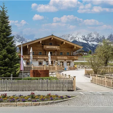 Ein charmantes Holzhaus mit einem blühenden Garten und einem schönen Ausblick auf die Berge. Die Umgebung ist grün und einladend.