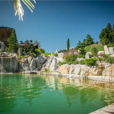 Ein ruhiger Naturteich mit klarem, grünem Wasser und umgeben von Felsen und Pflanzen. Im Hintergrund sind ein Gebäude und Bäume sichtbar.