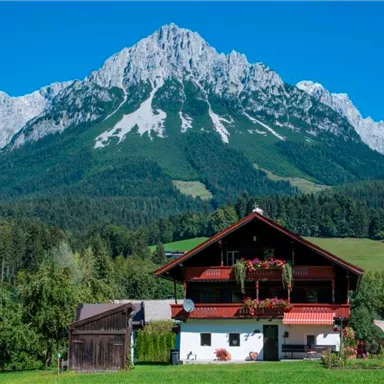 Ein malerisches Alpenhaus vor majestätischen Bergen. Die Szene zeigt eine grüne Landschaft und einen blauen Himmel.