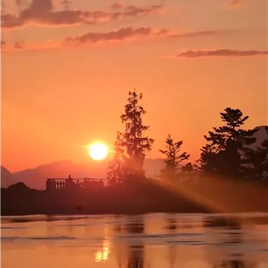 Ein schöner Sonnenuntergang über dem Wasser, umgeben von silhouettierenden Bäumen. Die orangefarbenen und roten Farbtöne schaffen eine friedliche Atmosphäre.
