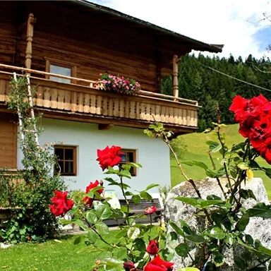 Ein idyllisches Holzhaus umgeben von üppigem Grün. Bunte Blumen und rote Rosen schmücken den Garten.