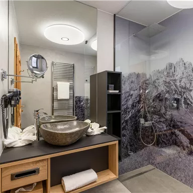 A modern bathroom with a large stone sink and an elegant shower cabin. The walls are decorated with a beautiful mountain motif.
