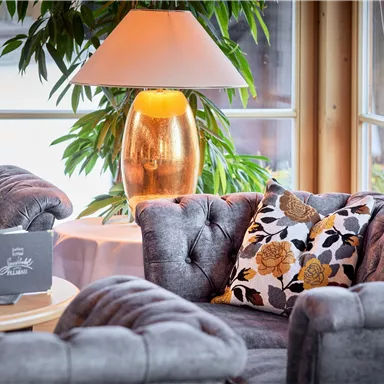A stylishly furnished living area with a gray sofa and decorative cushions. A beautiful lamp and a plant create an inviting atmosphere.