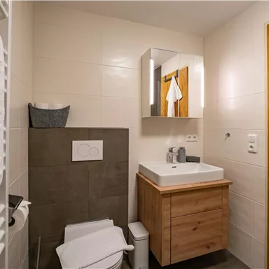 Ein modernes Badezimmer mit einem Holzwaschbecken und einem großen Spiegel. Die Wände sind hell und die Einrichtung ist minimalistisch.