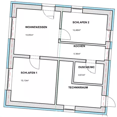 Eine Bauzeichnung eines Wohnraums mit fünf Zimmern. Die Räume sind beschriftet: Wohnen/Essen, Schlafen 1, Schlafen 2, Kochen, Dusche/WC und Technikraum.