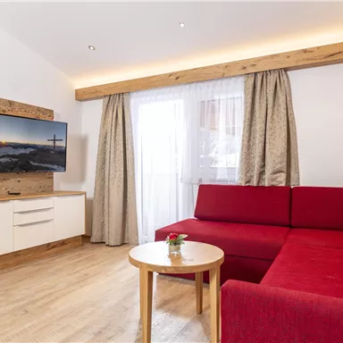 Ein modernes Wohnzimmer mit einem roten Sofa und einem Fernseher an der Wand. Große Fenster sorgen für viel Licht und eine gemütliche Atmosphäre.