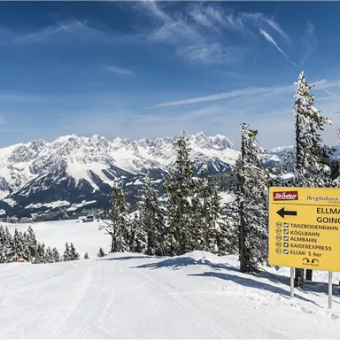 Eine schneebedeckte Berglandschaft mit hohen Tannen und majestätischen Gipfeln. Ein Schild zeigt die Richtung zu den Skipisten nach Ellmau und Going.