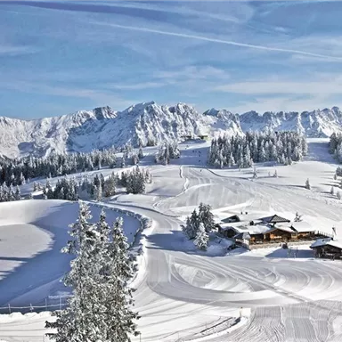 A snow-covered landscape with mountains in the background. In the foreground, there are slopes and a cozy cabin.