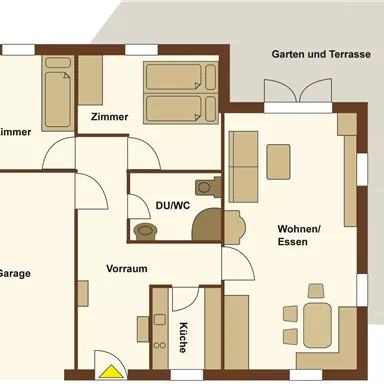 Ein Grundriss einer Wohnung mit mehreren Räumen. Die Bereiche umfassen ein Wohnzimmer, eine Küche und zwei Schlafzimmer.