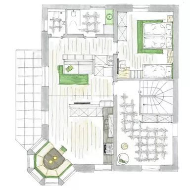 A floor plan of a house with various rooms and furniture. The layout features a bright, open living concept with a kitchen, dining area, and several bedrooms.