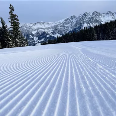 Eine schneebedeckte Piste mit perfekt präparierten Rillen. Im Hintergrund sind majestätische Berge zu sehen.