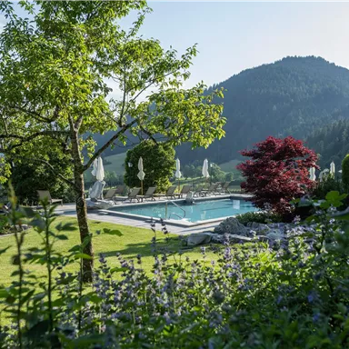 A beautiful outdoor area with a pool, surrounded by trees and colorful flowers. In the background, gentle hills stretch under a clear sky.