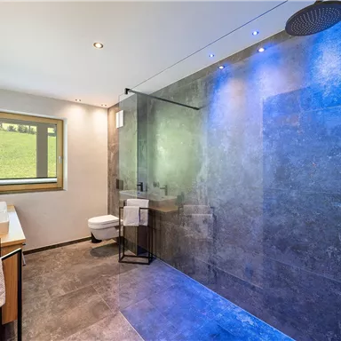 A modern bathroom with a spacious walk-in shower and dark tiles. The lighting creates a pleasant atmosphere.