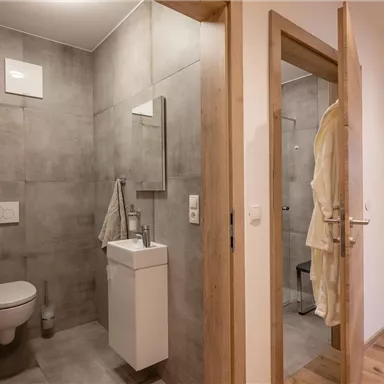 A modern bathroom with gray tiles and wood details. It is bright and functional with a sink, a mirror, and a toilet.