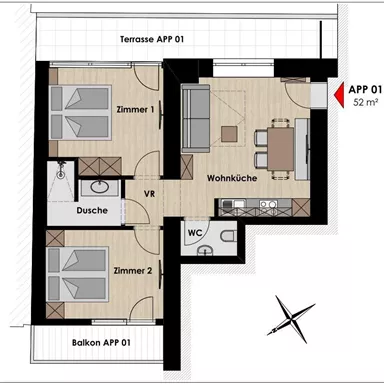Eine detaillierte Grundrisszeichnung einer Wohnung. Die Räume umfassen zwei Schlafzimmer, ein Wohnküche, ein Badezimmer und eine Terrasse.