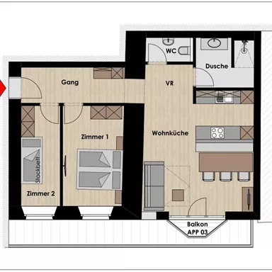 Eine Grundrisszeichnung einer Wohnung mit zwei Schlafzimmern, einem Wohnbereich und einer Küche. Der Balkon ist sichtbar und die Zimmer sind entsprechend beschriftet.