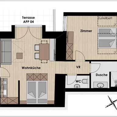 Ein Grundriss für eine Wohnung mit verschiedenen Räumen. Die Gestaltung umfasst ein Wohnküche, ein Schlafzimmer, ein Badezimmer und eine Terrasse.