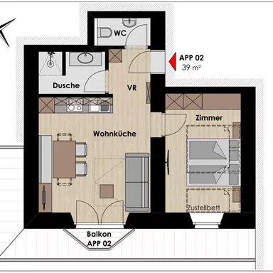 Eine Grundrisszeichnung einer Wohnung mit der Bezeichnung "APP 02". Die Wohnung umfasst einen Wohnraum, ein Schlafzimmer, eine Küche, ein Bad und einen Balkon.