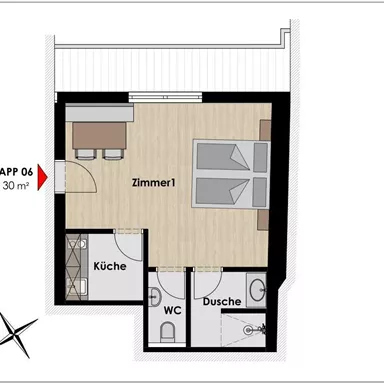 Eine einfache Grundrisszeichnung einer Wohnung mit einer Fläche von 30 m². Die Räume umfassen ein Schlafzimmer, eine Küche, eine Dusche und ein WC.