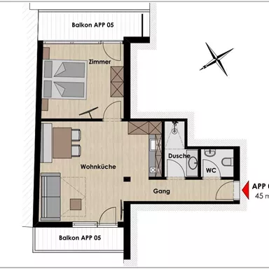 Eine Grundrisszeichnung eines Apartments mit einer Fläche von 45 m². Das Layout zeigt ein Schlafzimmer, eine Wohnküche, ein Badezimmer und Balkone.