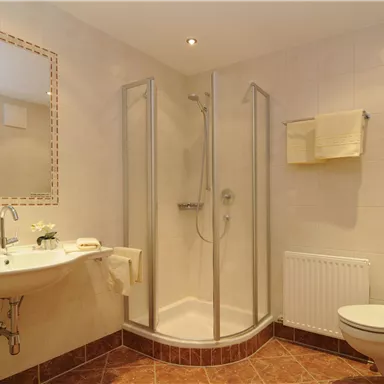 Ein modernes Badezimmer mit Dusche und Waschbecken. Die Wände sind hell gefliest und es gibt eine dekorative Pflanze auf dem Waschbecken.