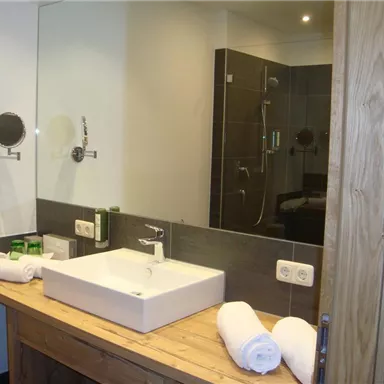 Ein modernes Badezimmer mit einem Waschbecken auf einem Holzunterbau. Im Hintergrund sind eine Dusche und Spiegel zu sehen.