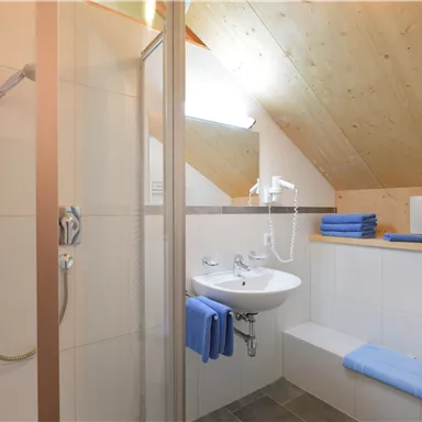 Ein modernes Badezimmer mit einer Dusche, einem Waschbecken und blauen Handtüchern. Die Holzdecke sorgt für eine gemütliche Atmosphäre.