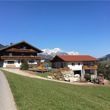 A picturesque Alpine village with traditional wooden houses. In the background, snow-covered mountains and a clear blue sky can be seen.