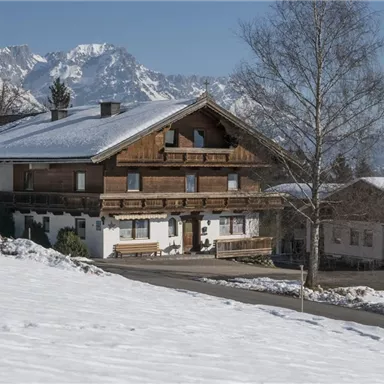 Ein traditionelles Holzhaus inmitten einer verschneiten Landschaft. Im Hintergrund sind majestätische Berge zu sehen.